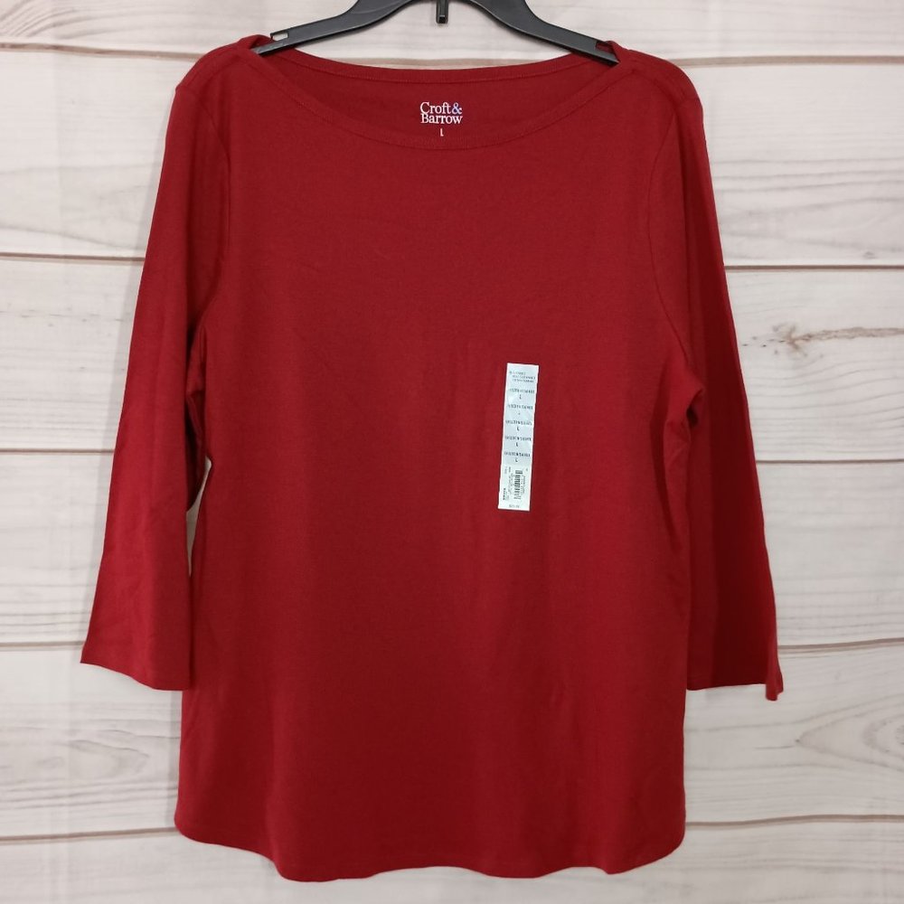Croft & Barrow red 3/4 sleeve bateau neck top Size L 100% cotton